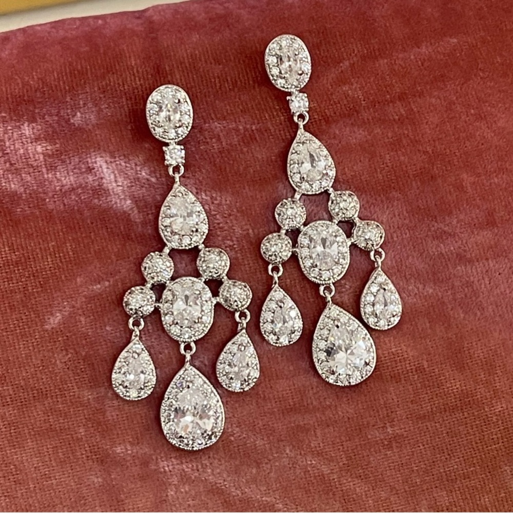Dessy Cubic Zirconia Chandelier Drop Earrings - White Gold Tone